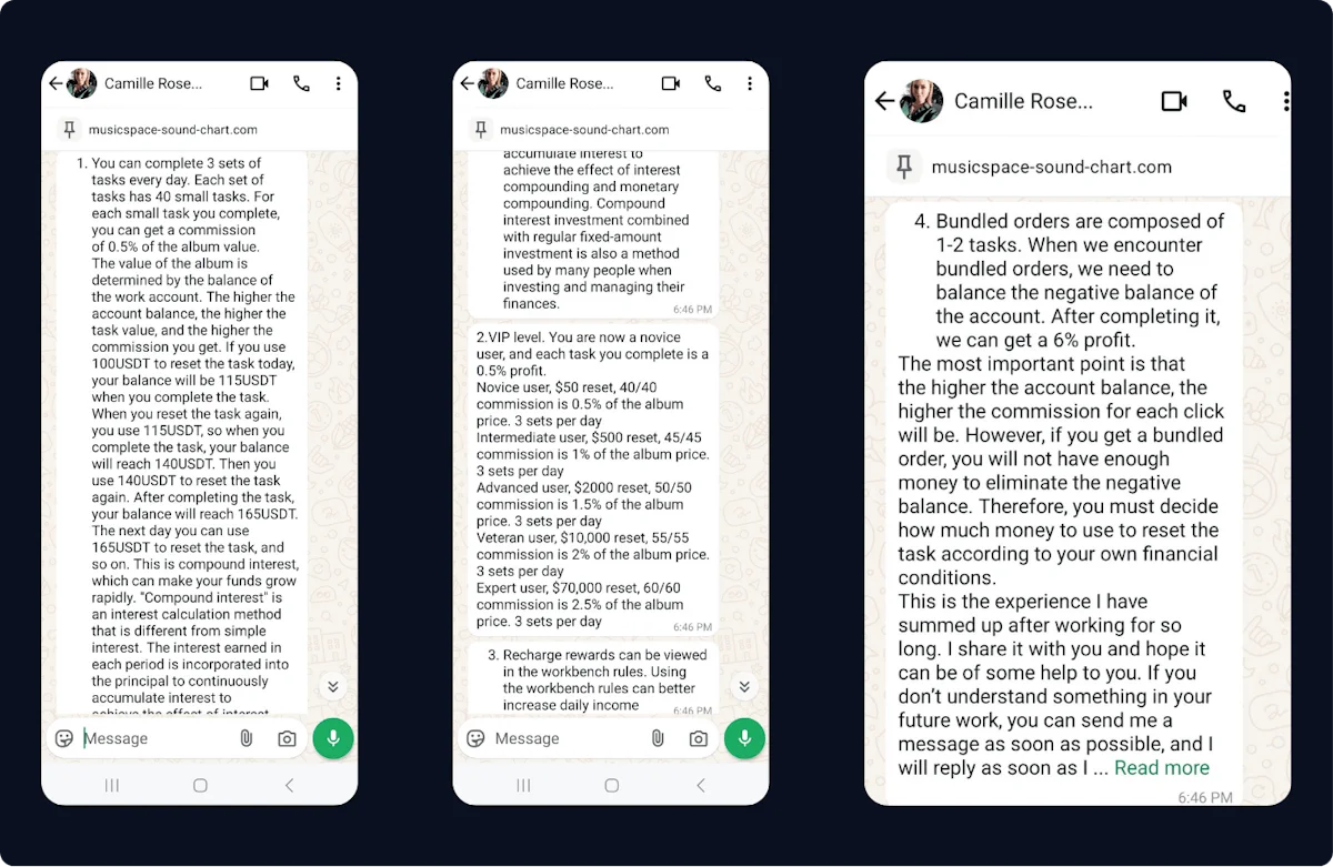 Camille Rose (impostor) reaching out for task scam