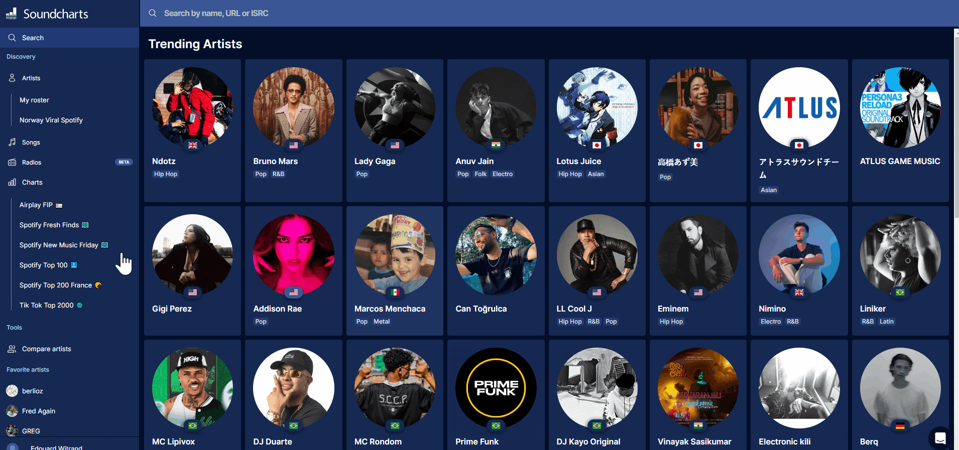 GIF presenting the ISRC filter on Soundcharts
