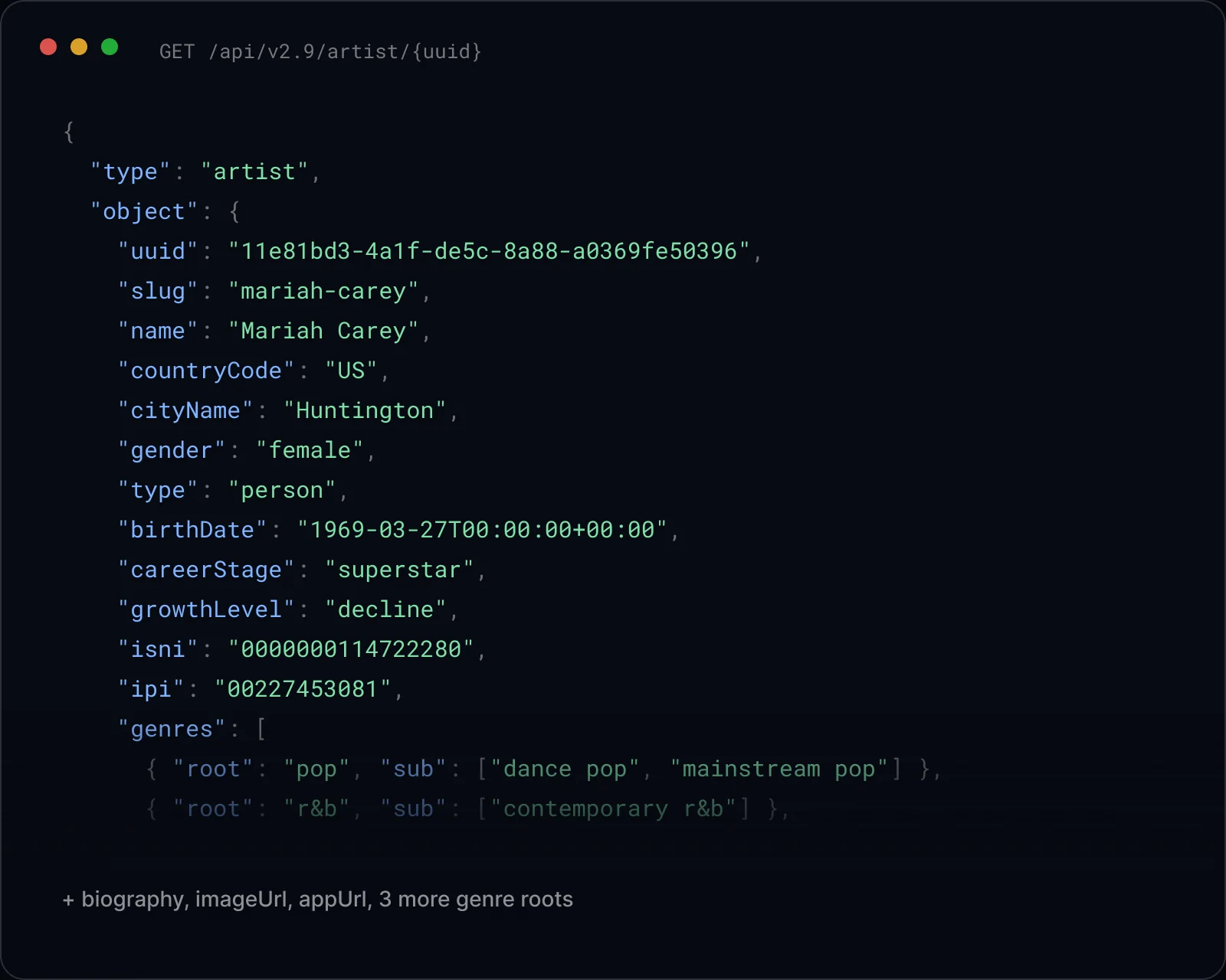 Artist metadata payload