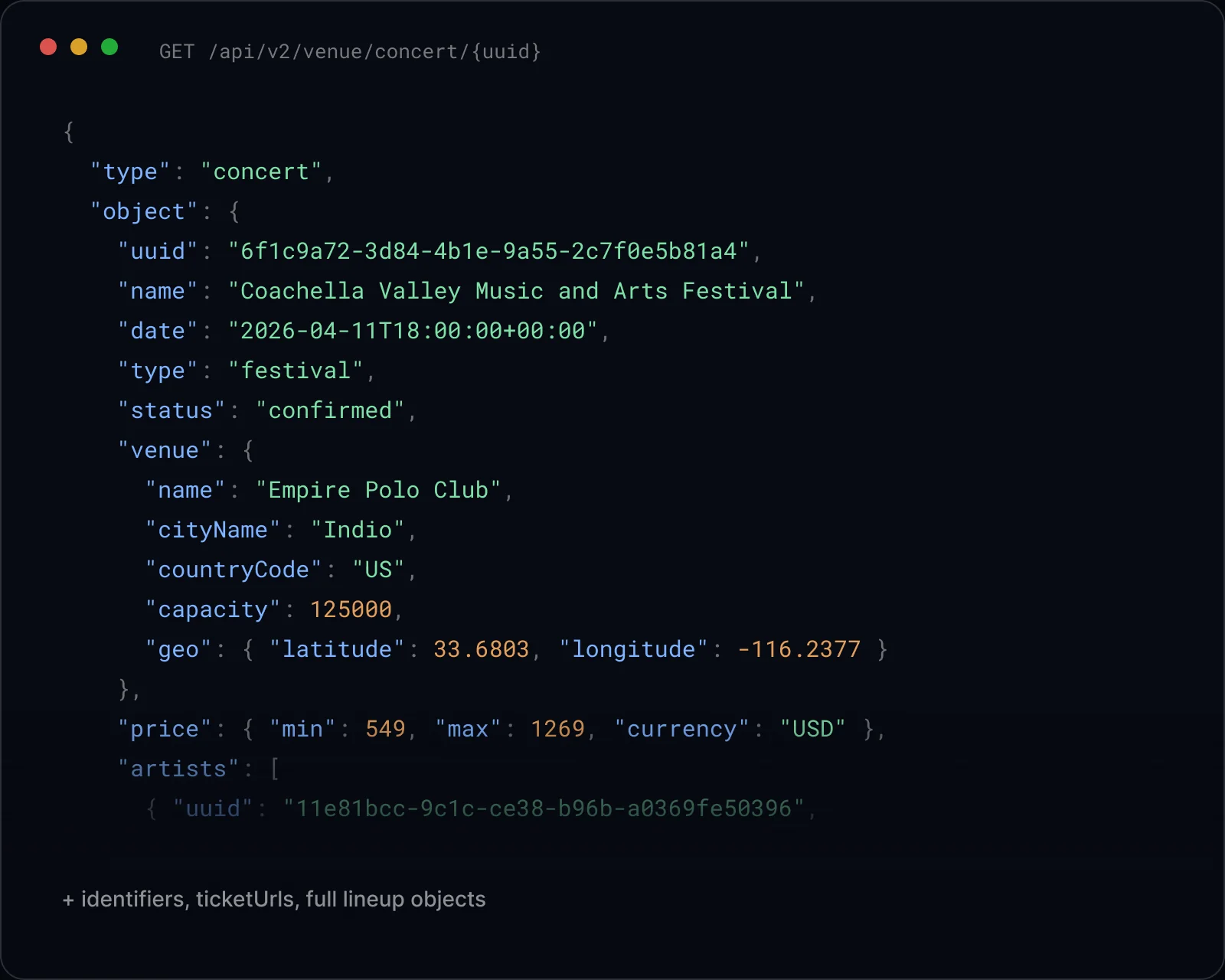 Concert and venue payload