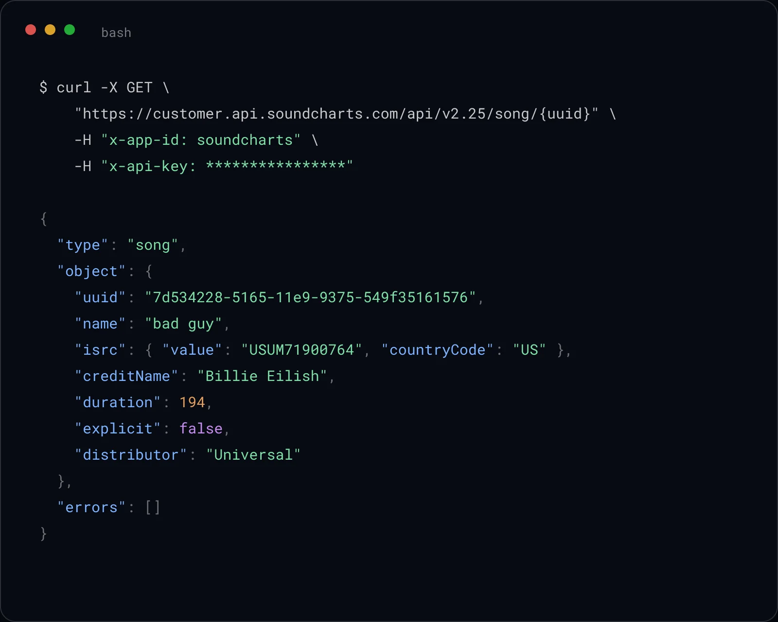Live API request and response