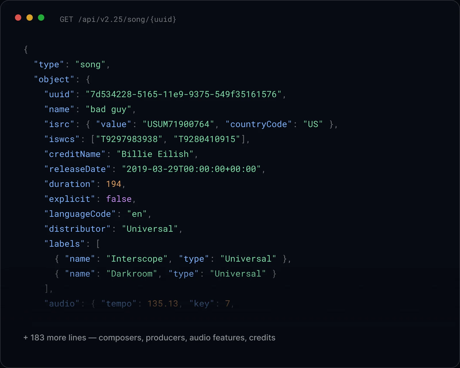 Song metadata payload